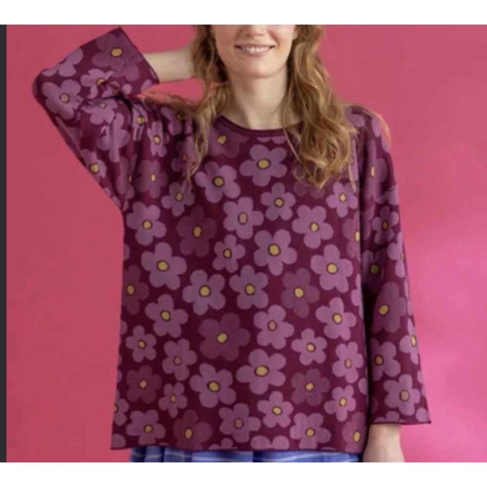 GUDRUN SJODEN L Polli Floral Sweater Plum Purple Artsy Organic Cotton Pullover